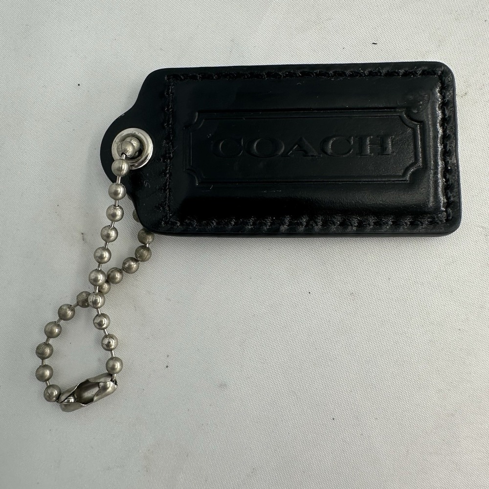 Coach Black Leather Hangtag Purse Keyfob Keychain Silver Chain
